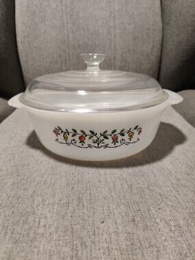 Vintage FireKing Casserole Dish Fruit Tree Milk Glass 1.5 QT 8" With Lid